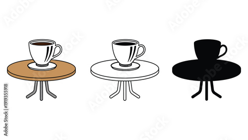 Coffee cup vector illustration set on small round tables in different styles