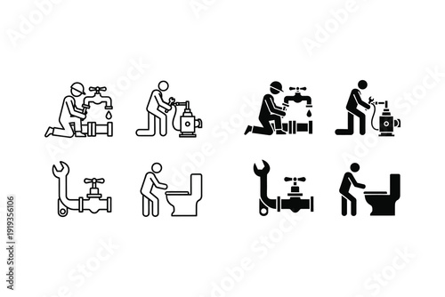 Illustrations of household maintenance and repair tasks by handymen