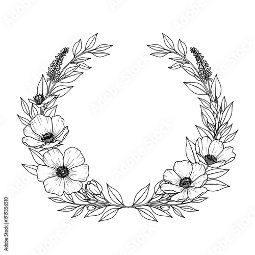 Black Wild Flowers Hand Drawn Floristic Frame with Delicate Flowers