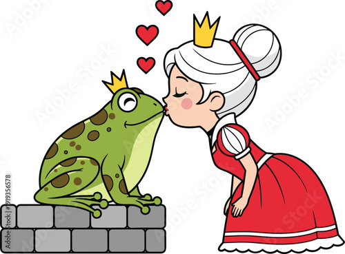 Cute cartoon princess with golden crown kissing a green frog prince sitting on stone wall with red hearts for fairytale fantasy concept