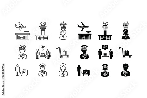 Diverse icons representing various airport and transportation-related professions and services