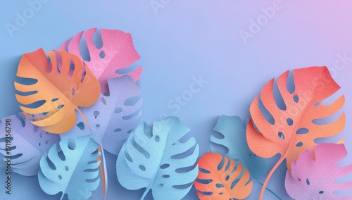 Vibrant, cut-out monstera leaves in a gradient of pastel colors on a soft background