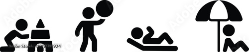 Beach activity silhouette illustration featuring sandcastle building, ball play, sunbathing, and umbrella shade symbolizing leisure, recreation, and outdoor summer vacation graphics