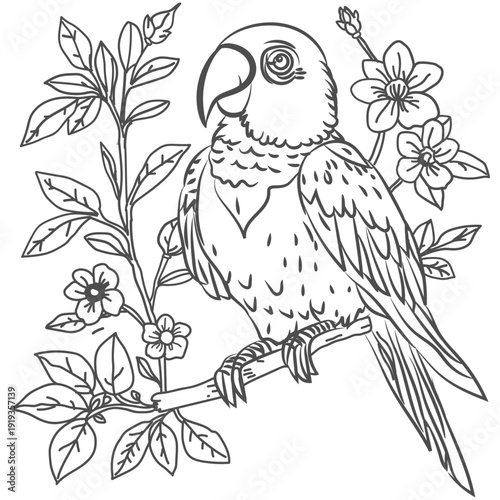 Tropical Parrot Perched on a Flowering Branch Line Art