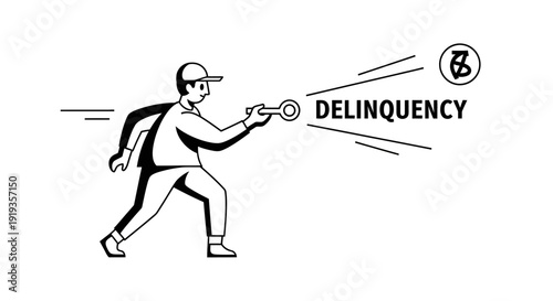 Man holding a key to unlock the word delinquency with a bitcoin symbol