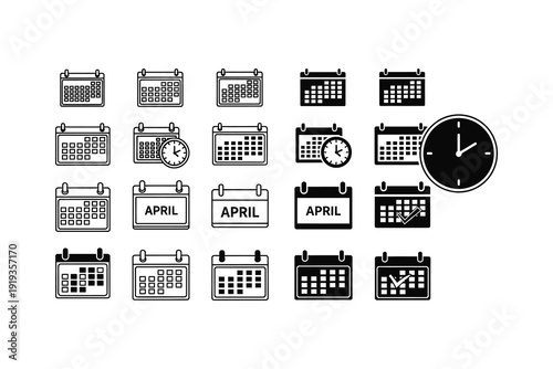 Collection of stylish calendar icons with clock symbol for scheduling and planning purposes