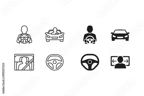 Illustrations depicting various driving and vehicle-related icons and scenarios