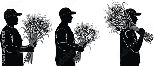 Farmer silhouette holding wheat sheaves, black and white agricultural illustration set, rural harvest concept, traditional farming lifestyle scene, monochrome countryside worker artwork