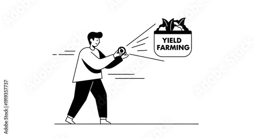 Yield Farming concept illustration of a person interacting with a digital currency yield farming setup