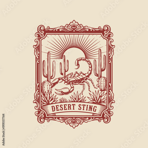 Desert Sting: A captivating illustration showcases a desert scene with a formidable scorpion at its heart, framed within an elegant ornamental border.