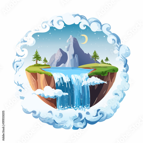 Magical Floating Island with Waterfall and Mountain Landscape