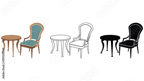 Chair vector illustration set with table in different styles and colors
