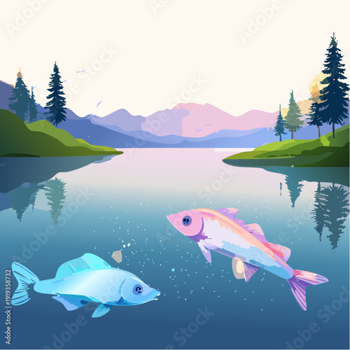 Two vibrant, stylized fish swim peacefully in a tranquil mountain lake, surrounded by a serene natural landscape