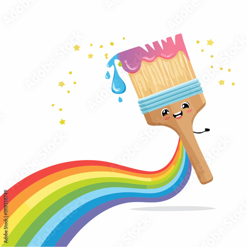 Cute Animated Paintbrush Expressing Creative Fun with a Vivid Rainbow Trail