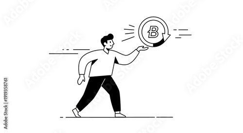 Man Holding Bitcoin Symbol With Circular Arrow Indicating Cryptocurrency Exchange and Trade