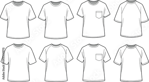 Standard and Oversized T-Shirt Fashion Flats, Technical Vector Sketch Set for Apparel Manufacturing, Crew Neckline and Raglan Sleeve Templates for CAD.