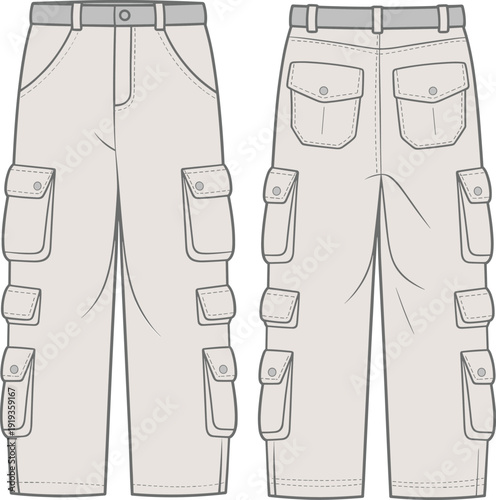 Colored men’s cargo pants flat sketch, front and back views, utility pocket trousers design, fashion technical drawing, detailed clothing illustration.