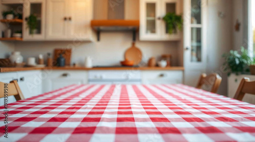Empty wooden table with tablecloth red gingham on kitchen