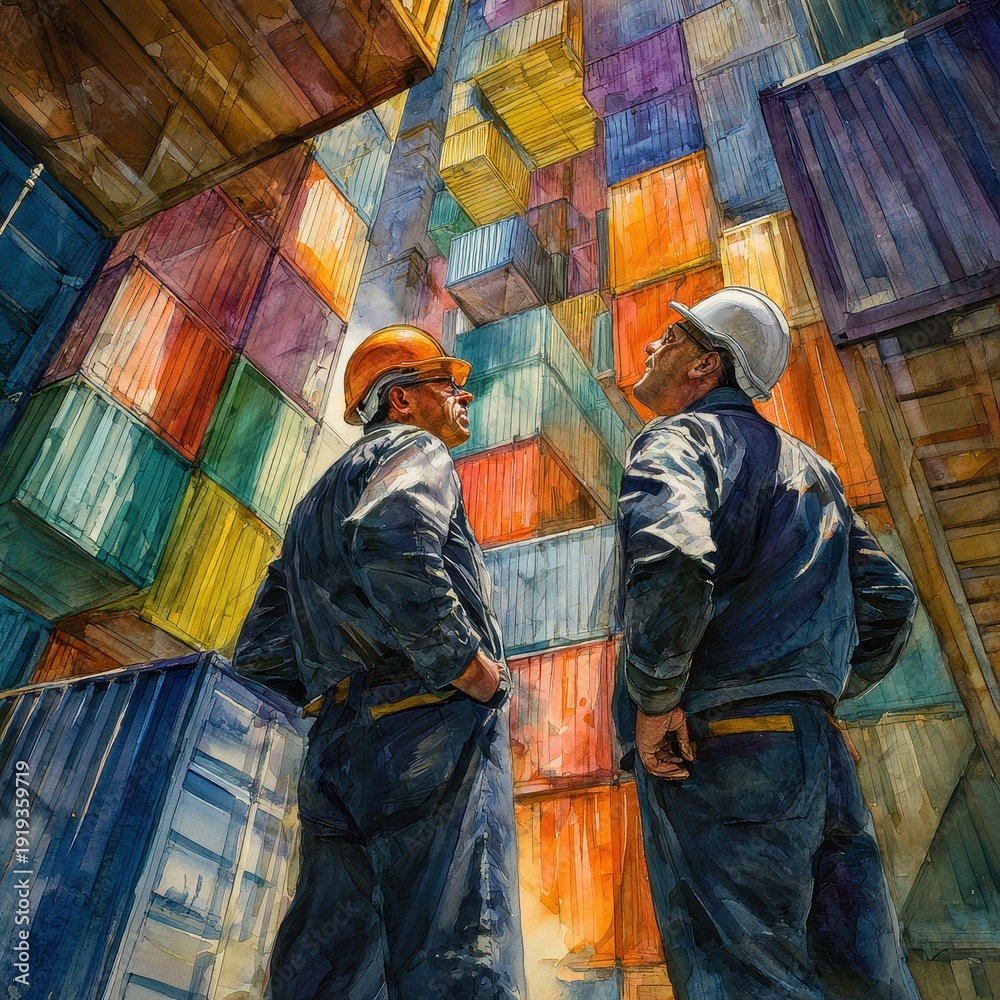 Fototapeta premium Watercolor artwork of modern freight terminal workers in helmets discussing export plans beneath suspended container bold composition strong perspective commercial stock appeal 