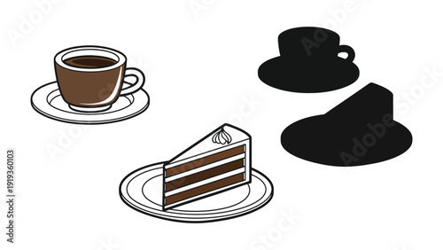 A cup of coffee and a slice of chocolate cake vector illustration