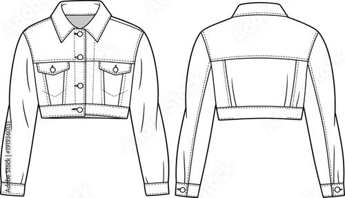 Cropped denim jacket flat sketch, front and back CAD view, long sleeve button-down coat fashion template vector illustration