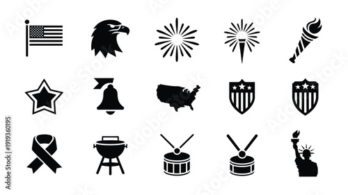 American patriotic icons and symbols set including flags eagle fireworks liberty bell map shields grill drums statue ribbon star torch on white background for independence day celebrations