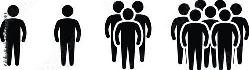 Population growth icon illustration featuring progressive groups of people from single figure to larger crowd symbolizing demographics, social dynamics, and statistical data graphics