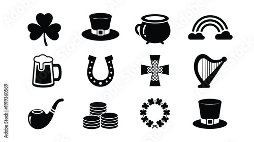 St patrick's day icons including shamrocks hats beer and harp on white background