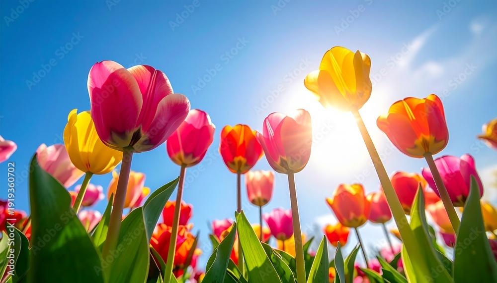 Fototapeta premium view of tulips from below