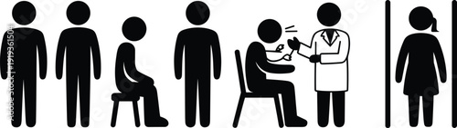 Vaccination process silhouette illustration featuring healthcare provider, patient, waiting line, injection, and observation area symbolizing immunization, medical awareness, and public health educati