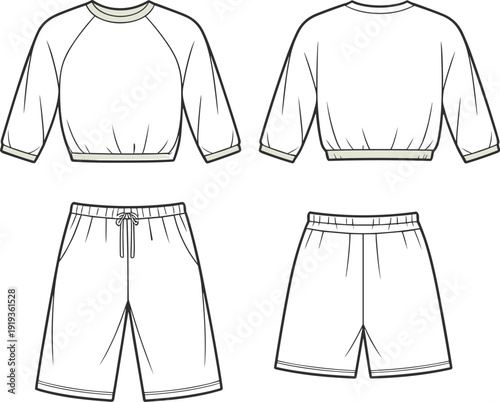 Cropped sweatshirt and drawstring shorts flat sketch, front and back view, fashion cad drawing, vector apparel design, loungewear template