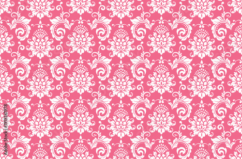 Wallpaper in the style of Baroque. White and pink floral ornament. Seamless vector background. Graphic pattern for fabric, wallpaper, packaging. Ornate Damask flower illustration