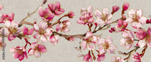 Luxury stationery cherry blossom pattern, seamless repeat on matte textured paper, soft watercolor ink wash, gold foil details, 32k