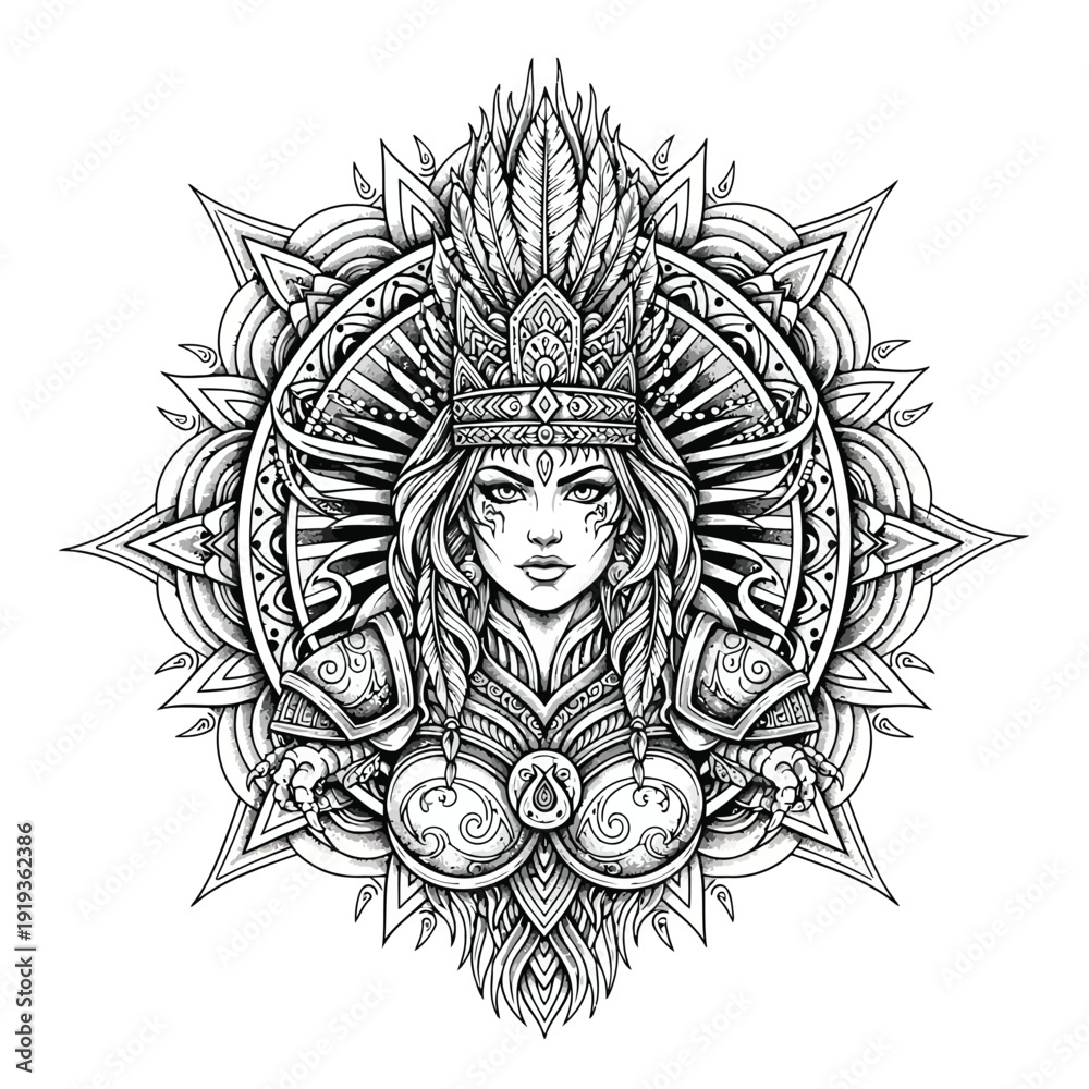 Obraz premium Warrior Woman with Headdress and Sunburst Ornament Keywords: woman, warrior, female, warrior