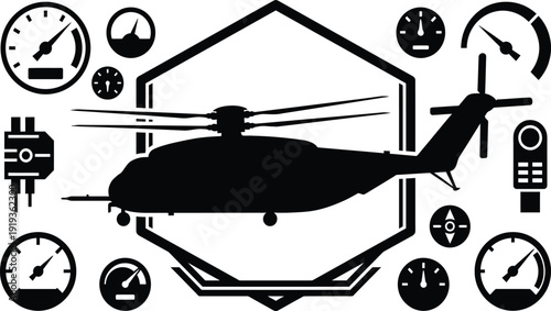 Vector illustration set of black transport vehicle icons including car, helicopter, truck, tractor and airplane silhouettes in simple design