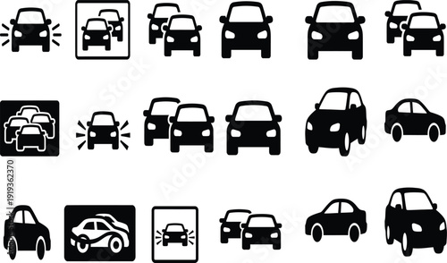 Black and white vehicle transportation icon set with cars trucks buses and vans for web and design use