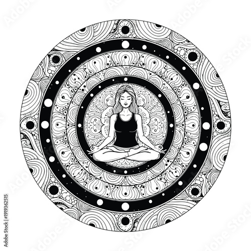 Woman Meditating in Lotus Pose within Geometric Mandala