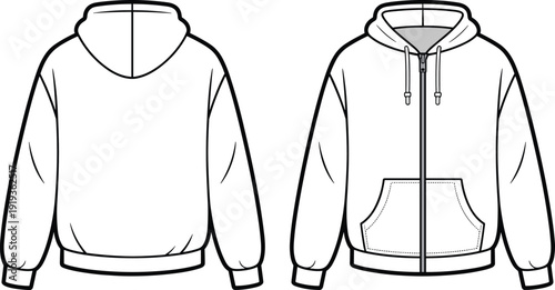 Technical CAD drawing flat vector illustration of basic zip up hoodie with kangaroo pocket rib hem cuff and drawstring hood front and back view