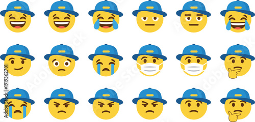 Set of Emoji Faces with Blue Baseball Caps Showing Different Emotions and Expressions