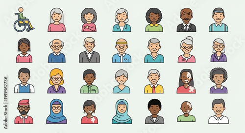 Diverse Group of People Icons Representing Different Ages and Backgrounds.