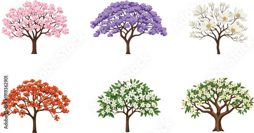 Set of flowering trees vector illustration icons. Collection of blooming spring trees for nature, garden, and landscape design.