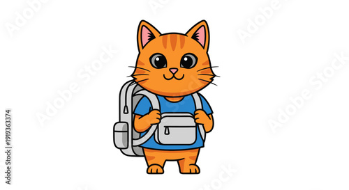 Cute cartoon orange cat wearing a backpack and holding a book.