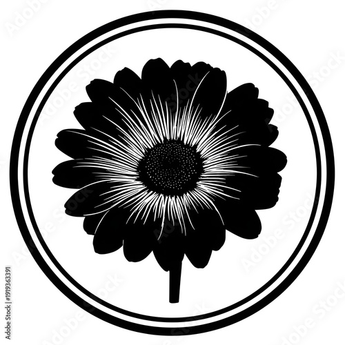 A black and white illustration of a flower in a circle