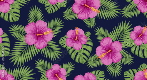 Tropical hibiscus and palm leaf pattern on dark background