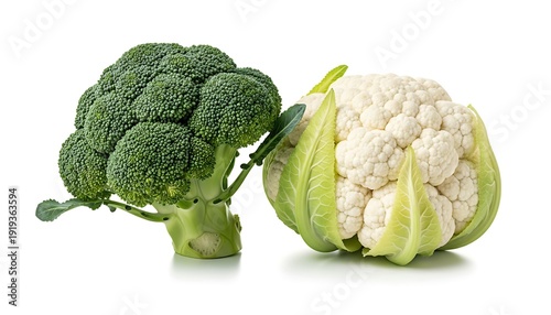 Fresh organic broccoli and cauliflower vegetables displayed on white background, healthy nutrition concept with vibrant green and creamy white florets, close-up studio shot for food blogging and