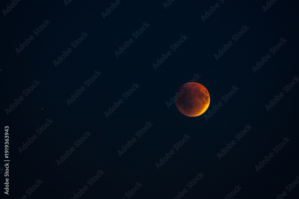 Fototapeta premium Blood red moon in night sky. Celestial prophecy. Lunar eclipse in dramatic red color with a cosmic sparkle. A symbol of transformation.