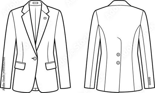 Technical cad drawing flat vector illustration of womens tailored blazer jacket front and back view with notched lapel flap pockets buttons clean fashion template