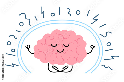 Brain illustration meditating in a lotus position surrounded by an safety border aura. Mental health, mindfulness, and calm mind concept. Stress relief. Vector illustration