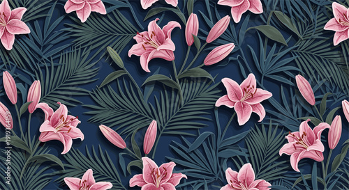 Seamless tropical floral pattern with pink lilies and palm leaves on dark background