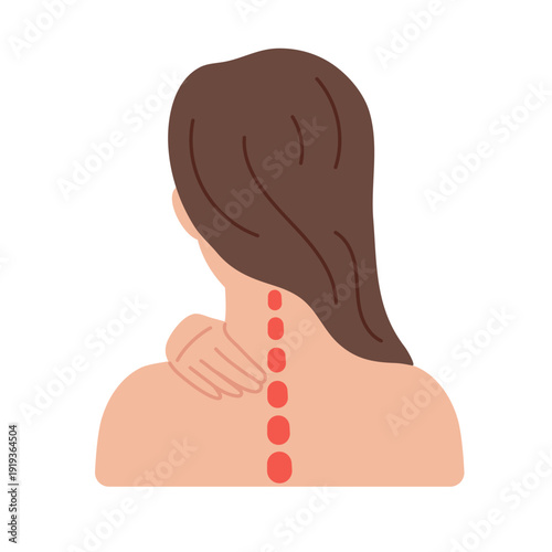 Woman with spine pain or shoulder pain, suffering from discomfort. Medical problem, injury, or symptom concept for healthcare. Vector illustration